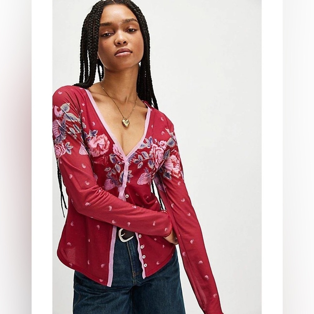 Free People Floral Long Sleeve Mesh Top – Pink Rose Print, Size: XS and S- NWOT